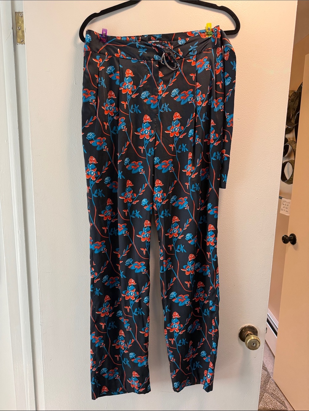 Thakoon Black Wide-Leg Floral Track Pants with Blue and Red Print